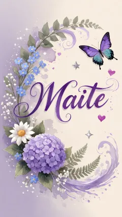 Maite - Diseño elegante de hortensias en tonos lila y morados suaves, con volutas estilizadas y una mariposa mística que aporta un toque etéreo y mágico.