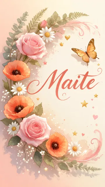 Maite diseño 3 - Elegante composición de rosas rosadas y amapolas naranjas con mariposas doradas brillantes sobre un fondo cálido, romántico y mágico.