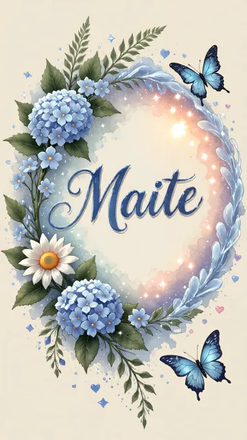 Maite diseño 4 - Composición magica con nombre en letra cursiva azul, rodeado de hortensias azules, margaritas blancas y delicadas flores silvestres, enmarcado por suaves remolinos de agua, mariposas azules y destellos estelares sobre un fondo etéreo y romántico.