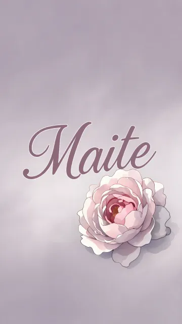 Maite diseño 5 - Nombre en elegante tipografía cursiva caligráfica en tono lavanda, sobre fondo acuarela de cielo nublado en tonos pastel (azul, blanco, lavanda), decorado con rosa en acuarela de pétalos rosa pálido, blanco crema y lilas suaves con hojas en gris-verde.