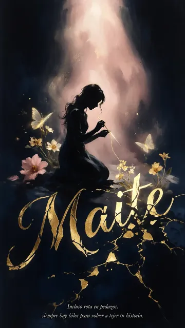 Maite diseño 6 - Composición de ilustración semirrealista cinematográfica con silueta femenina tejiendo un hilo dorado de luz sobre un suelo oscuro fracturado al estilo Kintsugi, donde el nombre resalta en un prominente guión caligráfico dorado que emerge de las grietas, rodeado de flores blancas, mariposas y un fondo degradado de azules profundos iluminado por una luz celestial en tonos melocotón y crema, con una frase de aliento en tipografía blanca en la parte inferior.