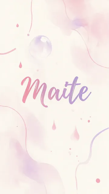 Maite diseño 7 - Diseño abstracto en acuarela sobre fondo crema, con manchas fluidas y etéreas en rosa pastel y lila, líneas curvas que aportan movimiento, pequeñas gotas salpicadas cayendo verticalmente y una burbuja translúcida en la parte superior izquierda. El nombre resalta al centro con una tipografía cursiva amplia y elegante en degradado rosa a morado.