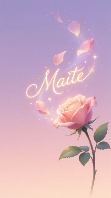 Maite diseño 8 - Fondo de Pantalla con degradado suave que transiciona de lila en la parte superior a melocotón y rosa pastel en la base, destacando una rosa rosada hiperrealista con tallo y hojas verdes. El nombre brilla en tipografía cursiva con efecto neón cálido, adornado con pétalos cayendo y chispas de luz mágica.