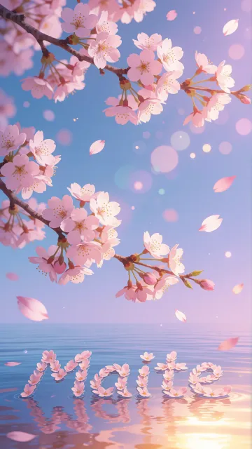 Maite diseño 9 - Composición serena y onírica con ramas de cerezo en flor (sakura) en la parte superior contra un cielo en degradado de azul suave y lila. Pétalos de color rosa pastel flotan delicadamente en el aire cayendo hacia una superficie de agua tranquila y cristalina. En el centro inferior, el nombre está formado por pétalos de flores con un sutil efecto de relieve 3D y tipografía floral, reflejándose sobre el agua que está iluminada por un cálido destello dorado de luz solar en la esquina inferior derecha.