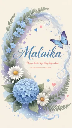 Malaika - Hortensias azules, flores pequeñas y acuarela suave con mariposas azules y brillo etéreo