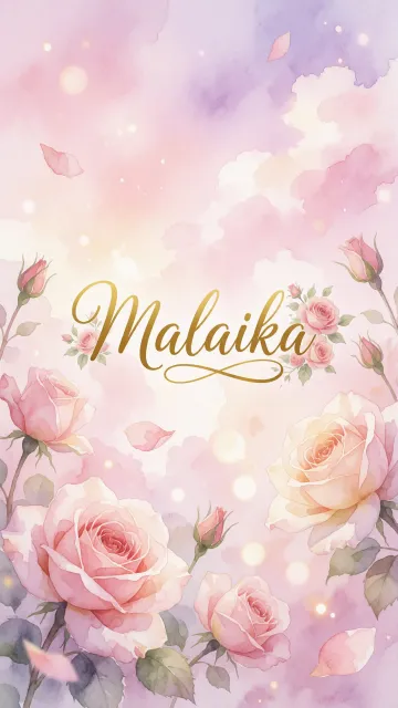 Malaika diseño 10 - Diseño estilo acuarela con un fondo etéreo y texturizado en nubes de tonos rosa pastel y lila suave. Presenta composiciones de rosas abiertas y capullos en los bordes inferior y superior, con pétalos cayendo delicadamente. Incorpora destellos de luz cálida (efecto bokeh) y, en el centro, resalta una tipografía elegante, cursiva y fluida en color dorado.