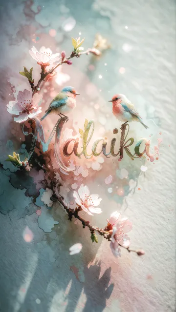 Malaika diseño 11 - Un delicado diseño de estilo acuarela digital que combina una tipografía de caligrafía personalizada para el nombre en tonos dorados y rosados suaves, adornada con pequeñas hojas y brotes. Un pajarito azul y naranja vibrante está posado en una de las letras. Todo está rodeado por un marco circular de ramas de cerezo en flor con delicadas flores rosadas y blancas. El fondo es un lavado de acuarela difuminado en tonos pastel suaves de azul cerceta, rosa rubor y melocotón sobre una textura de papel rugoso, con destellos luminosos y motas de luz bokeh flotando alrededor, creando una atmósfera mágica y soñadora. Las sombras suaves proyectadas añaden profundidad.