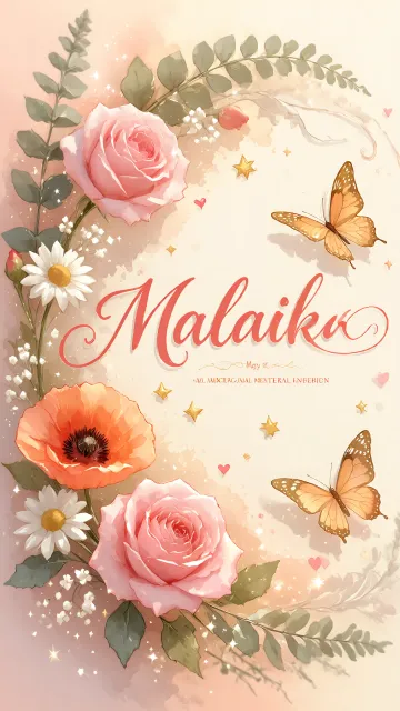 Malaika diseño 3 - Elegante composición de rosas rosadas y amapolas naranjas con mariposas doradas brillantes sobre un fondo cálido, romántico y mágico.
