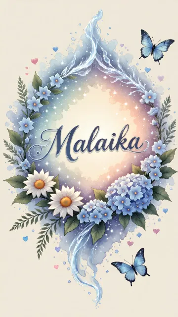 Malaika diseño 4 - Composición magica con nombre en letra cursiva azul, rodeado de hortensias azules, margaritas blancas y delicadas flores silvestres, enmarcado por suaves remolinos de agua, mariposas azules y destellos estelares sobre un fondo etéreo y romántico.