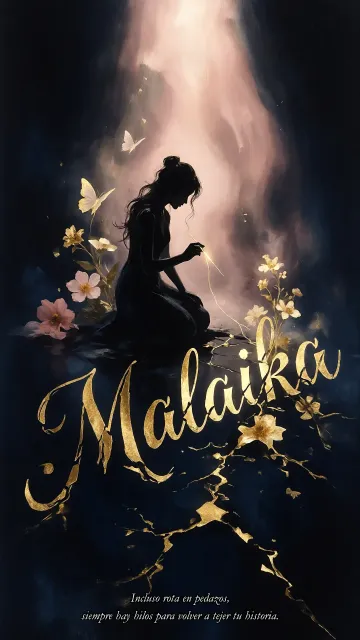 Malaika diseño 6 - Composición de ilustración semirrealista cinematográfica con silueta femenina tejiendo un hilo dorado de luz sobre un suelo oscuro fracturado al estilo Kintsugi, donde el nombre resalta en un prominente guión caligráfico dorado que emerge de las grietas, rodeado de flores blancas, mariposas y un fondo degradado de azules profundos iluminado por una luz celestial en tonos melocotón y crema, con una frase de aliento en tipografía blanca en la parte inferior.