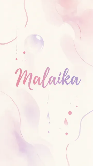 Malaika diseño 7 - Diseño abstracto en acuarela sobre fondo crema, con manchas fluidas y etéreas en rosa pastel y lila, líneas curvas que aportan movimiento, pequeñas gotas salpicadas cayendo verticalmente y una burbuja translúcida en la parte superior izquierda. El nombre resalta al centro con una tipografía cursiva amplia y elegante en degradado rosa a morado.