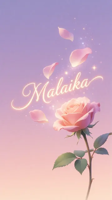 Malaika diseño 8 - Fondo de Pantalla con degradado suave que transiciona de lila en la parte superior a melocotón y rosa pastel en la base, destacando una rosa rosada hiperrealista con tallo y hojas verdes. El nombre brilla en tipografía cursiva con efecto neón cálido, adornado con pétalos cayendo y chispas de luz mágica.