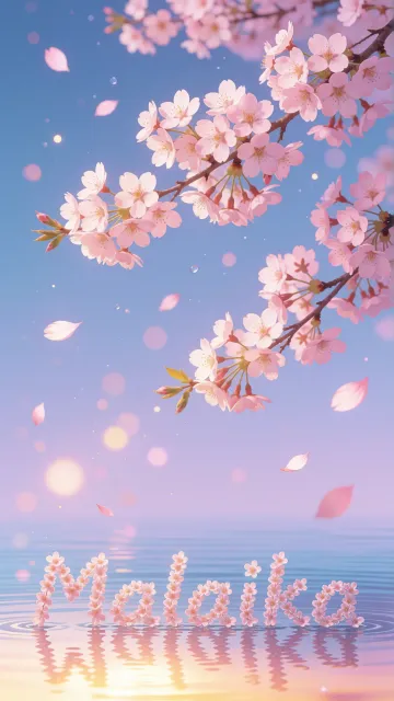 Malaika diseño 9 - Composición serena y onírica con ramas de cerezo en flor (sakura) en la parte superior contra un cielo en degradado de azul suave y lila. Pétalos de color rosa pastel flotan delicadamente en el aire cayendo hacia una superficie de agua tranquila y cristalina. En el centro inferior, el nombre está formado por pétalos de flores con un sutil efecto de relieve 3D y tipografía floral, reflejándose sobre el agua que está iluminada por un cálido destello dorado de luz solar en la esquina inferior derecha.
