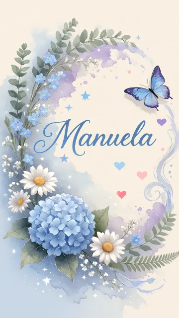 Manuela diseño 1 - Hortensias azules, flores pequeñas y acuarela suave con mariposas azules y brillo etéreo