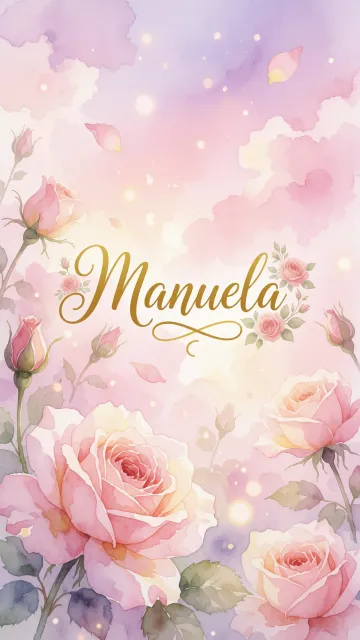 Manuela diseño 10 - Diseño estilo acuarela con un fondo etéreo y texturizado en nubes de tonos rosa pastel y lila suave. Presenta composiciones de rosas abiertas y capullos en los bordes inferior y superior, con pétalos cayendo delicadamente. Incorpora destellos de luz cálida (efecto bokeh) y, en el centro, resalta una tipografía elegante, cursiva y fluida en color dorado.