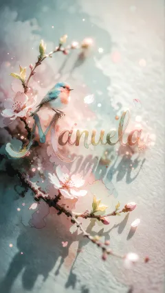 Manuela - Un delicado diseño de estilo acuarela digital que combina una tipografía de caligrafía personalizada para el nombre en tonos dorados y rosados suaves, adornada con pequeñas hojas y brotes. Un pajarito azul y naranja vibrante está posado en una de las letras. Todo está rodeado por un marco circular de ramas de cerezo en flor con delicadas flores rosadas y blancas. El fondo es un lavado de acuarela difuminado en tonos pastel suaves de azul cerceta, rosa rubor y melocotón sobre una textura de papel rugoso, con destellos luminosos y motas de luz bokeh flotando alrededor, creando una atmósfera mágica y soñadora. Las sombras suaves proyectadas añaden profundidad.