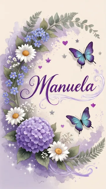 Manuela diseño 2 - Diseño elegante de hortensias en tonos lila y morados suaves, con volutas estilizadas y una mariposa mística que aporta un toque etéreo y mágico.