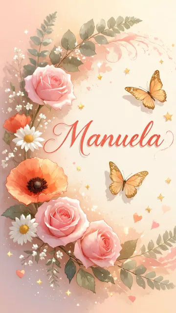 Manuela diseño 3 - Elegante composición de rosas rosadas y amapolas naranjas con mariposas doradas brillantes sobre un fondo cálido, romántico y mágico.