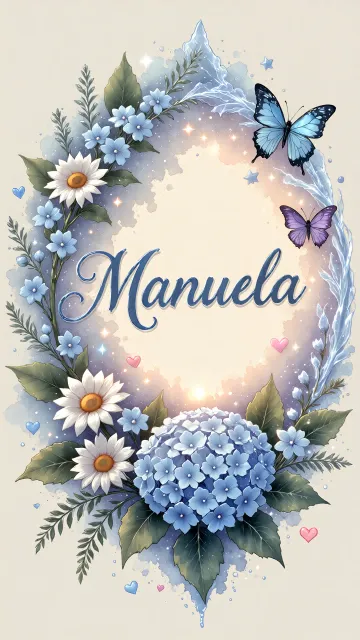 Manuela diseño 4 - Composición magica con nombre en letra cursiva azul, rodeado de hortensias azules, margaritas blancas y delicadas flores silvestres, enmarcado por suaves remolinos de agua, mariposas azules y destellos estelares sobre un fondo etéreo y romántico.