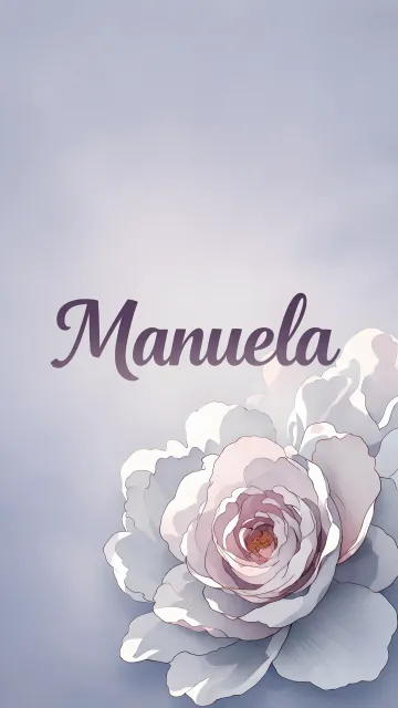 Manuela diseño 5 - Nombre en elegante tipografía cursiva caligráfica en tono lavanda, sobre fondo acuarela de cielo nublado en tonos pastel (azul, blanco, lavanda), decorado con rosa en acuarela de pétalos rosa pálido, blanco crema y lilas suaves con hojas en gris-verde.