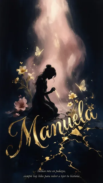 Manuela diseño 6 - Composición de ilustración semirrealista cinematográfica con silueta femenina tejiendo un hilo dorado de luz sobre un suelo oscuro fracturado al estilo Kintsugi, donde el nombre resalta en un prominente guión caligráfico dorado que emerge de las grietas, rodeado de flores blancas, mariposas y un fondo degradado de azules profundos iluminado por una luz celestial en tonos melocotón y crema, con una frase de aliento en tipografía blanca en la parte inferior.
