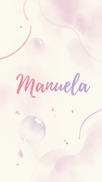 Manuela diseño 7 - Diseño abstracto en acuarela sobre fondo crema, con manchas fluidas y etéreas en rosa pastel y lila, líneas curvas que aportan movimiento, pequeñas gotas salpicadas cayendo verticalmente y una burbuja translúcida en la parte superior izquierda. El nombre resalta al centro con una tipografía cursiva amplia y elegante en degradado rosa a morado.