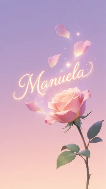 Manuela diseño 8 - Fondo de Pantalla con degradado suave que transiciona de lila en la parte superior a melocotón y rosa pastel en la base, destacando una rosa rosada hiperrealista con tallo y hojas verdes. El nombre brilla en tipografía cursiva con efecto neón cálido, adornado con pétalos cayendo y chispas de luz mágica.