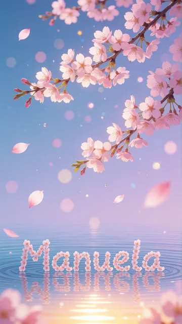 Manuela diseño 9 - Composición serena y onírica con ramas de cerezo en flor (sakura) en la parte superior contra un cielo en degradado de azul suave y lila. Pétalos de color rosa pastel flotan delicadamente en el aire cayendo hacia una superficie de agua tranquila y cristalina. En el centro inferior, el nombre está formado por pétalos de flores con un sutil efecto de relieve 3D y tipografía floral, reflejándose sobre el agua que está iluminada por un cálido destello dorado de luz solar en la esquina inferior derecha.