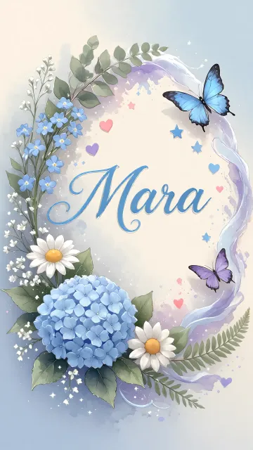 Mara diseño 1 - Hortensias azules, flores pequeñas y acuarela suave con mariposas azules y brillo etéreo