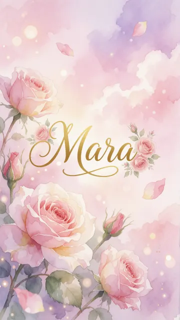 Mara diseño 10 - Diseño estilo acuarela con un fondo etéreo y texturizado en nubes de tonos rosa pastel y lila suave. Presenta composiciones de rosas abiertas y capullos en los bordes inferior y superior, con pétalos cayendo delicadamente. Incorpora destellos de luz cálida (efecto bokeh) y, en el centro, resalta una tipografía elegante, cursiva y fluida en color dorado.