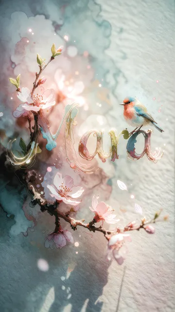 Mara diseño 11 - Un delicado diseño de estilo acuarela digital que combina una tipografía de caligrafía personalizada para el nombre en tonos dorados y rosados suaves, adornada con pequeñas hojas y brotes. Un pajarito azul y naranja vibrante está posado en una de las letras. Todo está rodeado por un marco circular de ramas de cerezo en flor con delicadas flores rosadas y blancas. El fondo es un lavado de acuarela difuminado en tonos pastel suaves de azul cerceta, rosa rubor y melocotón sobre una textura de papel rugoso, con destellos luminosos y motas de luz bokeh flotando alrededor, creando una atmósfera mágica y soñadora. Las sombras suaves proyectadas añaden profundidad.