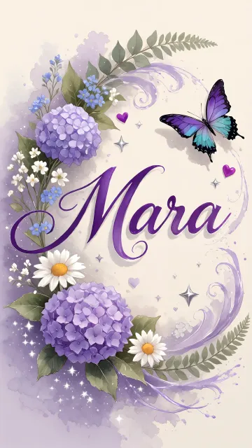 Mara diseño 2 - Diseño elegante de hortensias en tonos lila y morados suaves, con volutas estilizadas y una mariposa mística que aporta un toque etéreo y mágico.