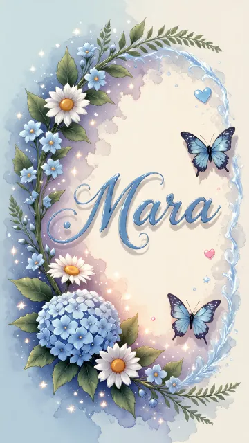 Mara diseño 4 - Composición magica con nombre en letra cursiva azul, rodeado de hortensias azules, margaritas blancas y delicadas flores silvestres, enmarcado por suaves remolinos de agua, mariposas azules y destellos estelares sobre un fondo etéreo y romántico.