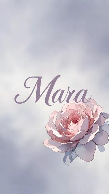 Mara diseño 5 - Nombre en elegante tipografía cursiva caligráfica en tono lavanda, sobre fondo acuarela de cielo nublado en tonos pastel (azul, blanco, lavanda), decorado con rosa en acuarela de pétalos rosa pálido, blanco crema y lilas suaves con hojas en gris-verde.