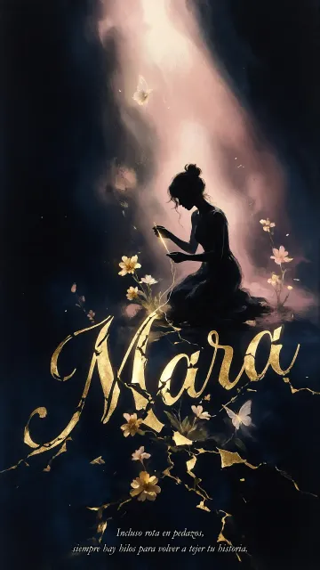 Mara diseño 6 - Composición de ilustración semirrealista cinematográfica con silueta femenina tejiendo un hilo dorado de luz sobre un suelo oscuro fracturado al estilo Kintsugi, donde el nombre resalta en un prominente guión caligráfico dorado que emerge de las grietas, rodeado de flores blancas, mariposas y un fondo degradado de azules profundos iluminado por una luz celestial en tonos melocotón y crema, con una frase de aliento en tipografía blanca en la parte inferior.