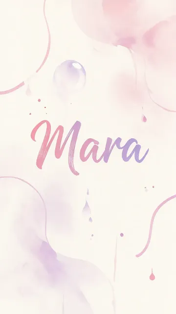 Mara diseño 7 - Diseño abstracto en acuarela sobre fondo crema, con manchas fluidas y etéreas en rosa pastel y lila, líneas curvas que aportan movimiento, pequeñas gotas salpicadas cayendo verticalmente y una burbuja translúcida en la parte superior izquierda. El nombre resalta al centro con una tipografía cursiva amplia y elegante en degradado rosa a morado.