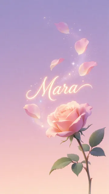Mara diseño 8 - Fondo de Pantalla con degradado suave que transiciona de lila en la parte superior a melocotón y rosa pastel en la base, destacando una rosa rosada hiperrealista con tallo y hojas verdes. El nombre brilla en tipografía cursiva con efecto neón cálido, adornado con pétalos cayendo y chispas de luz mágica.
