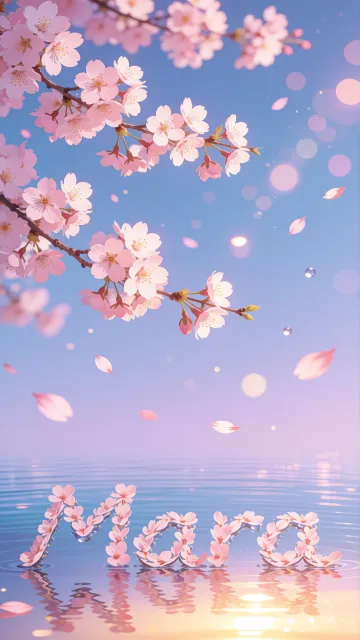 Mara diseño 9 - Composición serena y onírica con ramas de cerezo en flor (sakura) en la parte superior contra un cielo en degradado de azul suave y lila. Pétalos de color rosa pastel flotan delicadamente en el aire cayendo hacia una superficie de agua tranquila y cristalina. En el centro inferior, el nombre está formado por pétalos de flores con un sutil efecto de relieve 3D y tipografía floral, reflejándose sobre el agua que está iluminada por un cálido destello dorado de luz solar en la esquina inferior derecha.