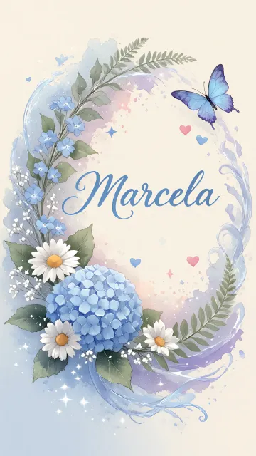 Marcela diseño 1 - Hortensias azules, flores pequeñas y acuarela suave con mariposas azules y brillo etéreo