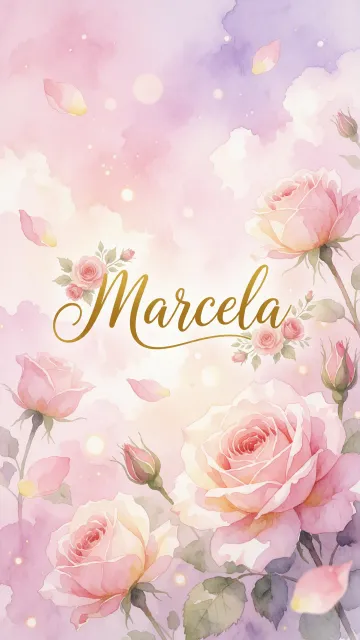 Marcela diseño 10 - Diseño estilo acuarela con un fondo etéreo y texturizado en nubes de tonos rosa pastel y lila suave. Presenta composiciones de rosas abiertas y capullos en los bordes inferior y superior, con pétalos cayendo delicadamente. Incorpora destellos de luz cálida (efecto bokeh) y, en el centro, resalta una tipografía elegante, cursiva y fluida en color dorado.