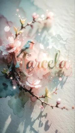 Marcela - Un delicado diseño de estilo acuarela digital que combina una tipografía de caligrafía personalizada para el nombre en tonos dorados y rosados suaves, adornada con pequeñas hojas y brotes. Un pajarito azul y naranja vibrante está posado en una de las letras. Todo está rodeado por un marco circular de ramas de cerezo en flor con delicadas flores rosadas y blancas. El fondo es un lavado de acuarela difuminado en tonos pastel suaves de azul cerceta, rosa rubor y melocotón sobre una textura de papel rugoso, con destellos luminosos y motas de luz bokeh flotando alrededor, creando una atmósfera mágica y soñadora. Las sombras suaves proyectadas añaden profundidad.