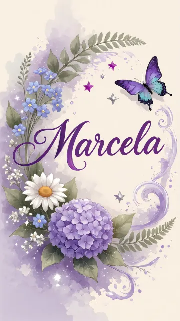 Marcela diseño 2 - Diseño elegante de hortensias en tonos lila y morados suaves, con volutas estilizadas y una mariposa mística que aporta un toque etéreo y mágico.