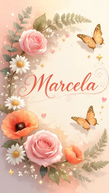 Marcela diseño 3 - Elegante composición de rosas rosadas y amapolas naranjas con mariposas doradas brillantes sobre un fondo cálido, romántico y mágico.