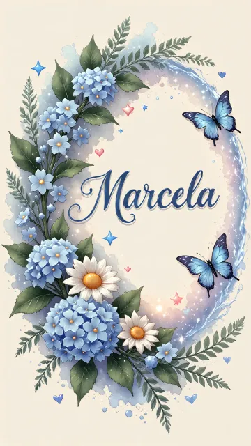 Marcela diseño 4 - Composición magica con nombre en letra cursiva azul, rodeado de hortensias azules, margaritas blancas y delicadas flores silvestres, enmarcado por suaves remolinos de agua, mariposas azules y destellos estelares sobre un fondo etéreo y romántico.