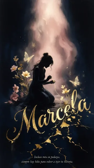 Marcela diseño 6 - Composición de ilustración semirrealista cinematográfica con silueta femenina tejiendo un hilo dorado de luz sobre un suelo oscuro fracturado al estilo Kintsugi, donde el nombre resalta en un prominente guión caligráfico dorado que emerge de las grietas, rodeado de flores blancas, mariposas y un fondo degradado de azules profundos iluminado por una luz celestial en tonos melocotón y crema, con una frase de aliento en tipografía blanca en la parte inferior.