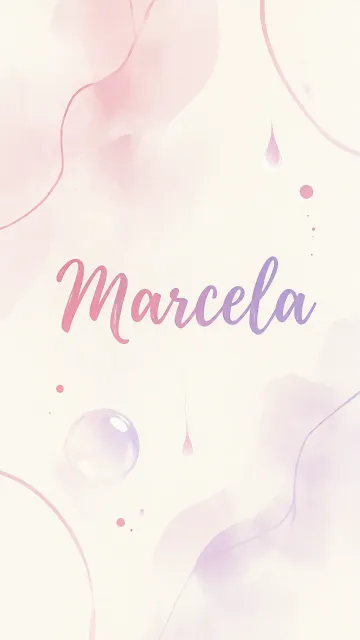Marcela diseño 7 - Diseño abstracto en acuarela sobre fondo crema, con manchas fluidas y etéreas en rosa pastel y lila, líneas curvas que aportan movimiento, pequeñas gotas salpicadas cayendo verticalmente y una burbuja translúcida en la parte superior izquierda. El nombre resalta al centro con una tipografía cursiva amplia y elegante en degradado rosa a morado.