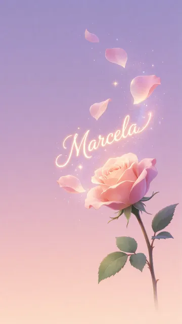 Marcela diseño 8 - Fondo de Pantalla con degradado suave que transiciona de lila en la parte superior a melocotón y rosa pastel en la base, destacando una rosa rosada hiperrealista con tallo y hojas verdes. El nombre brilla en tipografía cursiva con efecto neón cálido, adornado con pétalos cayendo y chispas de luz mágica.