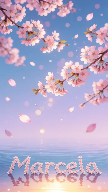 Marcela diseño 9 - Composición serena y onírica con ramas de cerezo en flor (sakura) en la parte superior contra un cielo en degradado de azul suave y lila. Pétalos de color rosa pastel flotan delicadamente en el aire cayendo hacia una superficie de agua tranquila y cristalina. En el centro inferior, el nombre está formado por pétalos de flores con un sutil efecto de relieve 3D y tipografía floral, reflejándose sobre el agua que está iluminada por un cálido destello dorado de luz solar en la esquina inferior derecha.