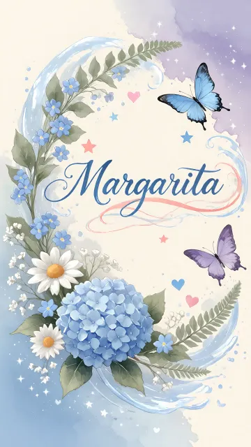 Margarita diseño 1 - Hortensias azules, flores pequeñas y acuarela suave con mariposas azules y brillo etéreo