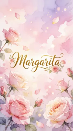 Margarita - Diseño estilo acuarela con un fondo etéreo y texturizado en nubes de tonos rosa pastel y lila suave. Presenta composiciones de rosas abiertas y capullos en los bordes inferior y superior, con pétalos cayendo delicadamente. Incorpora destellos de luz cálida (efecto bokeh) y, en el centro, resalta una tipografía elegante, cursiva y fluida en color dorado.